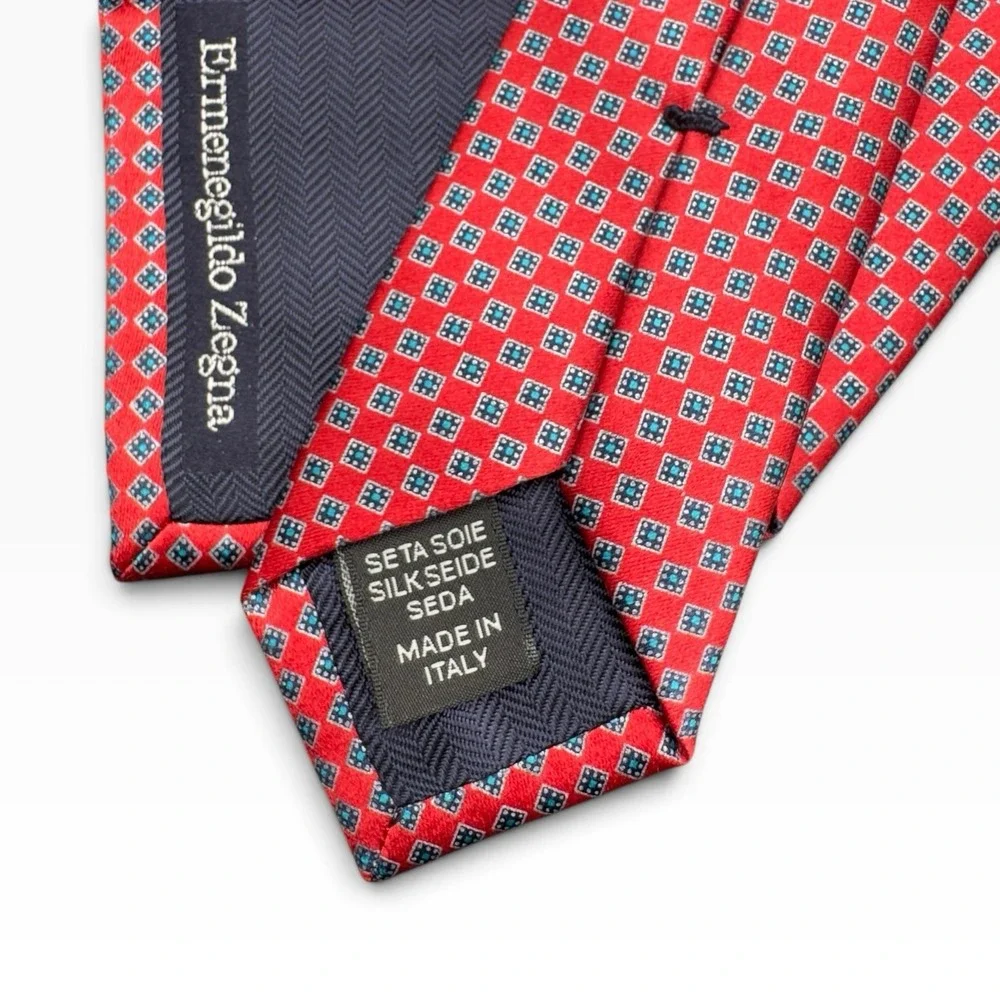 Ermenegildo Zegna Silk Tie Red Blue Geometric Small Crest Logo Made In Italy